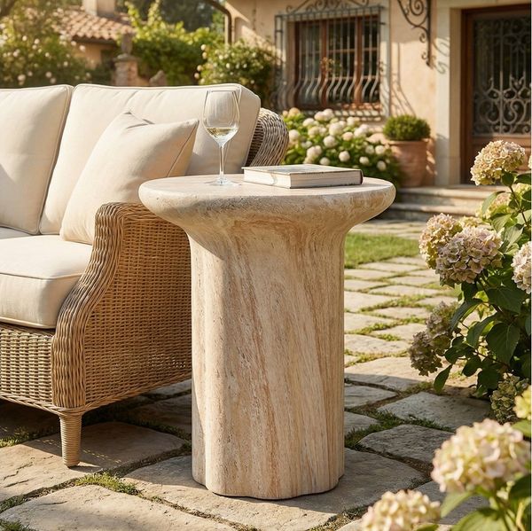 Flieks Gartentisch runder Beistelltisch Outdoor aus MgO, Travertinoptik (B40/H46 cm, 1-St, 1 Tisch), Balkontisch Couchtisch Esstisch für den Innen- und Außenbereich