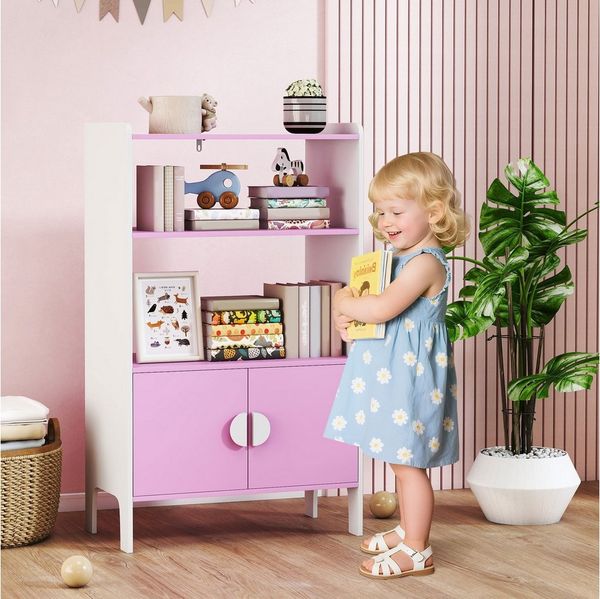 AIYAPLAY Kinderregal mit 2 offene Ablage, 2 Schränke, Kippschutz, rutschfesten Füßen, Bücherregal Kinder 1-tlg, für Kinderzimmer 60 x 35 x 100 cm Rosa