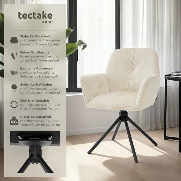 tectake Esszimmerstuhl Drehbarer Armlehnstuhl in Samtoptik, gepolstert, 56,5 x 54 x 86 cm (Polsterstuhl Lenia in Samtoptik creme/schwarz, 4 St), 360° drehbar, höhenverstellbar, Stahlbeine, Belastbarkeit 120 kg