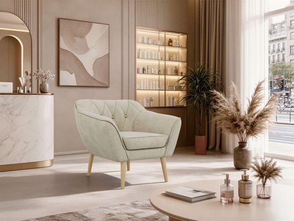Polstersessel PIRS 1 skandinavischer Design 1-Sitzer, Sessel mit Wellenfederung, Buche Füße, Einzelsessel, Hoher Sitzkomfort - Beige Velvet