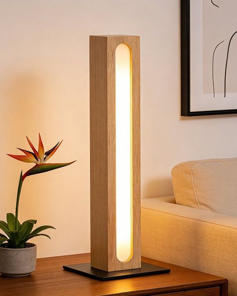 EDISHINE LED Nachttischlampe deko, säulenförmig Holz, LED fest integriert, 3000K-4500K-6000K, Touch Dimmbar, Stehleuchte für Zimmer-ecke, Höhe 27cm