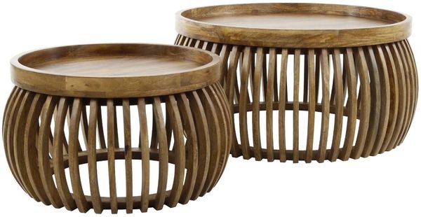 Couchtisch 2er-Set Mangoholz massiv, modernes Lamellen Design, rund in Braun, montiert geliefert