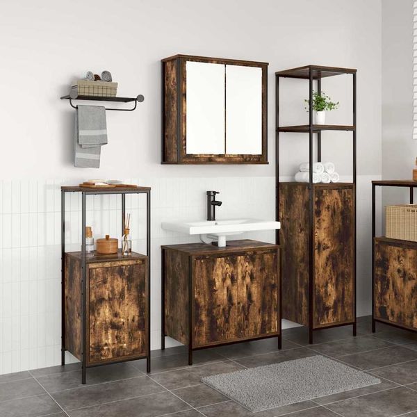 vidaXL Badezimmermöbel-Set mit Tür 3 pcs Geräucherte Eiche und Schwarz 3328396