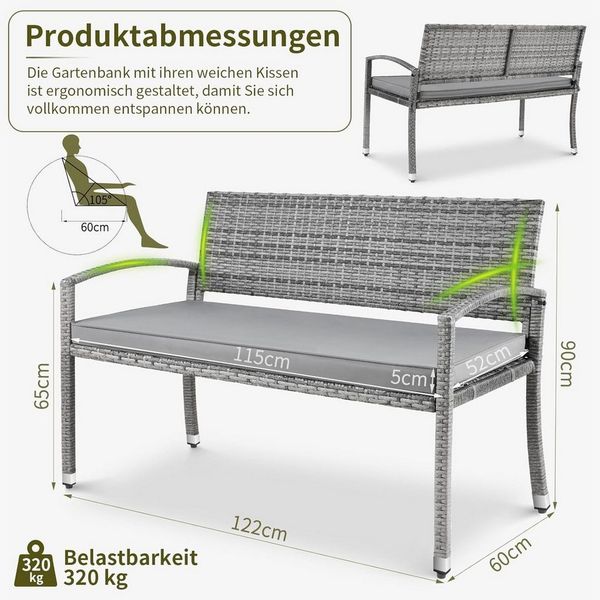 TLGREEN Gartenbank 2-Sitzer Rattan-Sofa mit Kissen (Komfortable Gartenlouge aus Wettersicherem PE-Rattan, Stabiler Metallrahmen, Terrassenmöbel Set für Außenbereich), Outdoor Sofa für Garten/Terrasse/Balkon