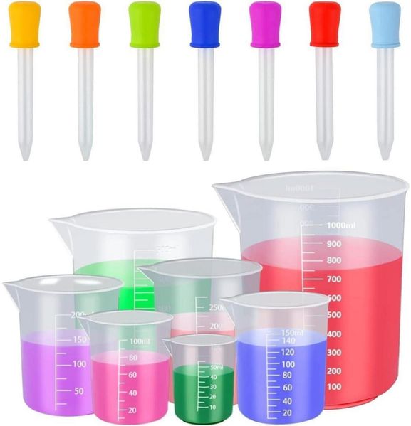 BUYGOO Messbecher Kunststoff Set 7 Stück Skala 5ml Silikon Pipetten Labor Küche