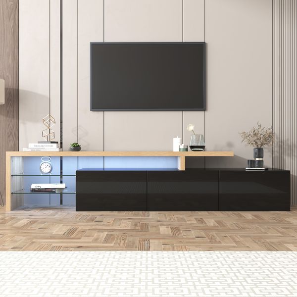 TV-Schrank, 197,5x39x42 cm, moderner TV-Schrank in Schwarz/Holzoptik mit Glasböden & LED-Beleuchtung