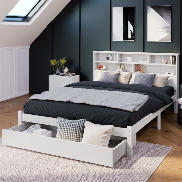 Holzbett, Doppelbett inkl. Schublade und Lattenrost, Kopfteil mit Regal, 140x200 cm, Holzbett aus Kiefer