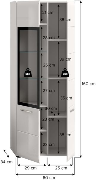 Vitrine (B/H/T: 60x160x34 cm) in weiß hochglanz tiefzieh Bild 4