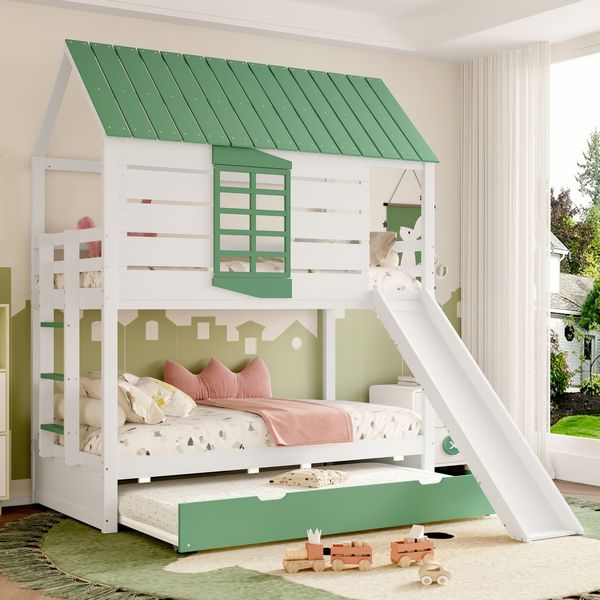 Etagenbett 90x200 cm mit Rutsche und Ausziehbett – Hausbett aus Kiefer und MDF in Weiß/Grün