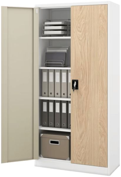 Aktenschrank abschließbar JAN - 5 Ebenen verstellbar, Flügeltüren | Metallschrank Werkstatt Mehrzweckschrank Büroschrank aus Stahl Werkzeugschrank, 195x90x40cm Weiß-Sonoma Eiche