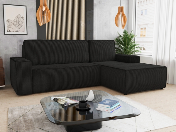 Ecksofa Totti L mit Schlaffunktion und Bettkasten - Cord Stoff - L-Form Couch, Polstersofa, Schlafsofa, Sofagarnitur (Schwarz (Poso 135) Seite: Rechts)