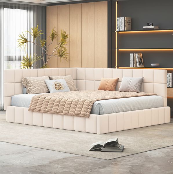 Polsterbett 206 x 167 x 62,5 cm für 160x200 cm mit Lattenrost – Tagesbett/Schlafsofa in Beige