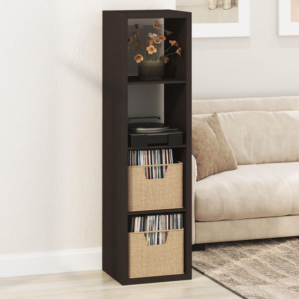 Furinno Cubicle Plattenspieler Regal mit Vinyl Aufbewahrung, 4-Würfel 1.2 Extra Dicke Vinyl Aufbewahrung, Medienregal für CD DVD Blueray Spiel Discs, für Wohnzimmer, Schwarz Dunkle Eiche