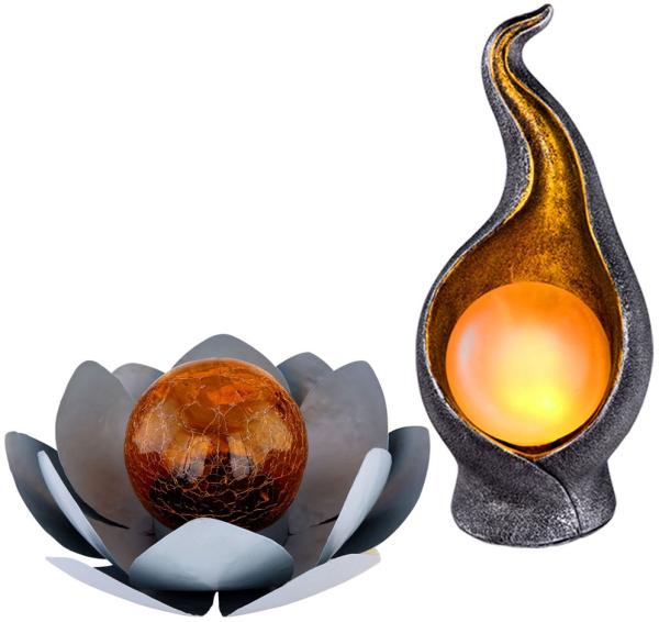 2er Set LED Solarleuchten in Flammen- und Lotosblumen Design