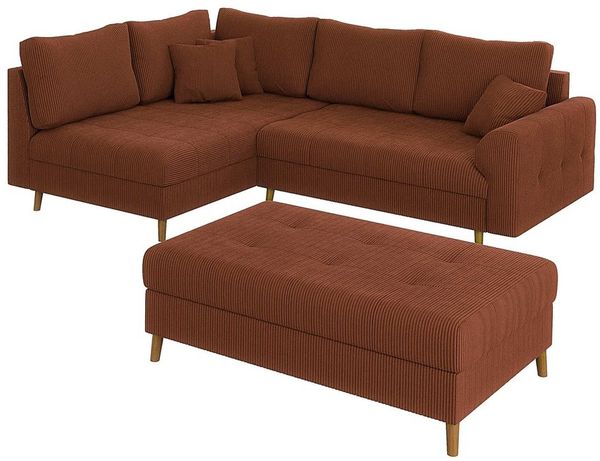 S-Style Möbel Ecksofa und Hocker Zara mit Schlaffunktion und Braun Holzfüßen aus Cord-Stoff, Ottomane links oder rechts bestellbar. Schlaffunktion in Kombination mit Hocker möglich, mit Wellenfederung