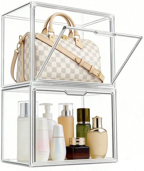 XERSEK Vitrine Transparent Displaybox mit Magnettür, Acryl Schaukasten Organizer (2 Set] 40×25×30cm Stapelfähig, Horizontal oder Vertical Platzierbar) Acryl-Vitrine für Figuren, Handtaschen, Spielzeug, Handwerk, Bücher