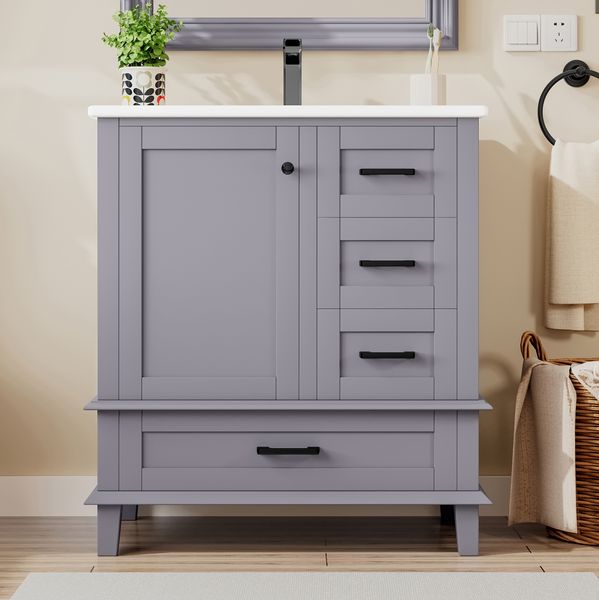 Freistehender Badezimmerschrank mit Waschbecken 76x46x83,5 cm, Grau, mit 3 geräuschlosen Schubladen