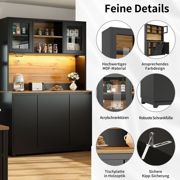 i@home Hochschrank Küchenschränke (120 × 40 × 180 cm) Küchenschränke mit 5 Türen und LED-Beleuchtung, schwarz
