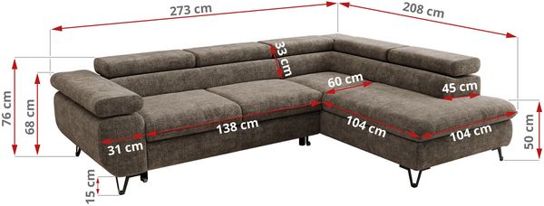MKS Möbel 'Pablo L-Form' Ecksofa mit Schlaffunktion, verstellbare Kopfstützen, Braun, Schenille grob, ohne Topper, Rechts Bild 6