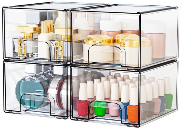 Refined Living Make-Up Organizer 4 tlg Acrylic Organiser with Non-slip Mat, Stapelbarer Badorganizer, Aufbewahrung Schubladen Organizer, Schreibtisch Organizer mit Griffen, 4-tlg, Küchen Organizer, Schminktisch Organizer parfüm skincare organizer, für ...