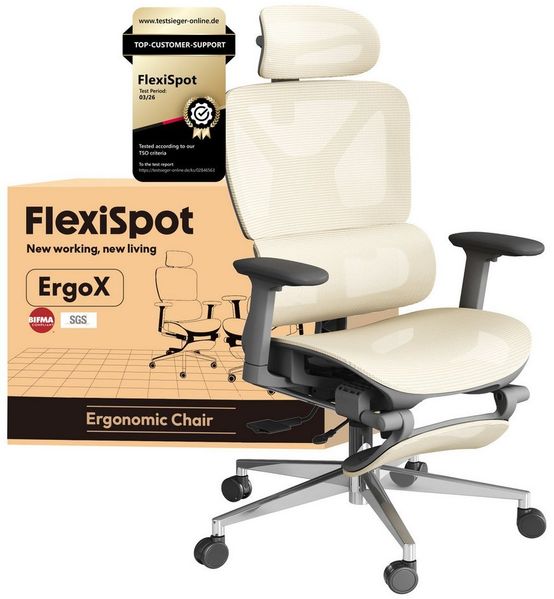 FLEXISPOT Bürostuhl ErgoX, Premium Ergonomischer Schreibtischstuhl (Rückenlehne 90°-135° verstellbar, 3D-Armlehnen, 3D-Kopfstütze, 5D-Rückenlehne), 130 kg Tragkraft, mit Fuß- und Lendenunterstützung,in knalligen Farben