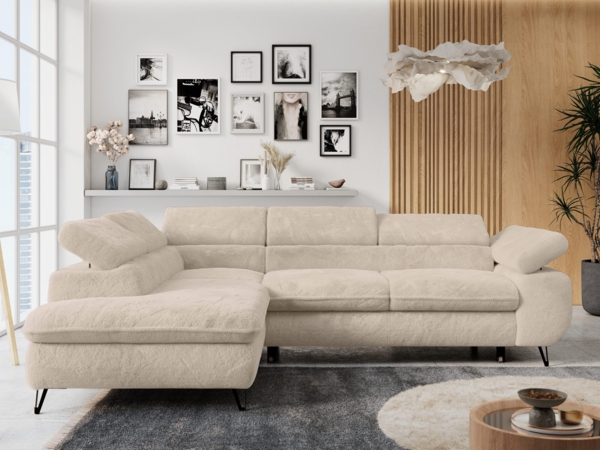 Ecksofa mit Bettfunktion, Modern Sofa, L-form, Einstellbare Kopfstützen, Bettkasten - PETER - Creme Plüsch - Topper T25 - links