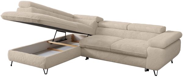 Ecksofa mit Bettfunktion, Modern Sofa, L-form, Einstellbare Kopfstützen, Bettkasten - PETER - Creme Plüsch - Topper T25 - links Bild 3
