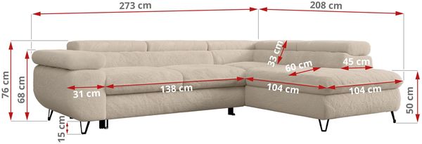 Ecksofa mit Bettfunktion, Modern Sofa, L-form, Einstellbare Kopfstützen, Bettkasten - PETER - Creme Plüsch - Topper T25 - links Bild 7