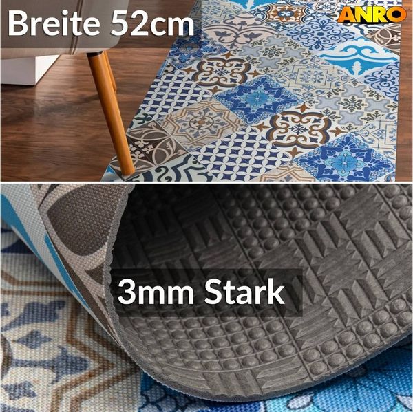 ANRO Küchenläufer LUIGI Porto Azul pflegeleicht hochwertig Flurläufer Küchenteppich, eckig, Höhe: 3 mm, Teppichläufer 100cm Majolica Blau wasserdicht