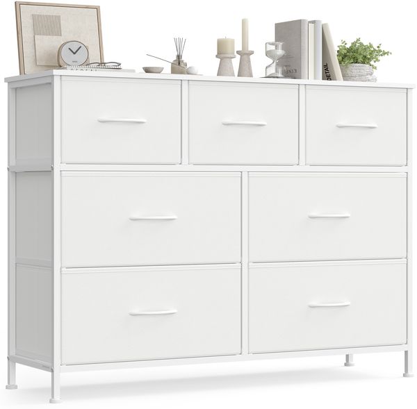 SONGMICS Kommode, Schrank, 7 Stoffschubladen, für Schlafzimmer, Flur, Wohnzimmer, weiß