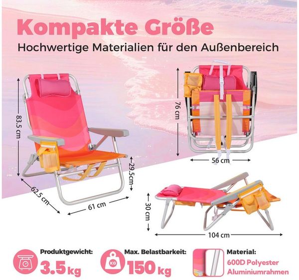 HOMECALL Klappstuhl Strandstuhl Leicht Klappbar Camping, 5-fach verstellbare Rückenlehne (Bis150KG Aluminiumrahmen, groBe Kuhitasche und Aufbewahrungstasche, 2 St), Seitentaschen, Kopfstütze, Schultergurten, Handtuchhalter Bild 2