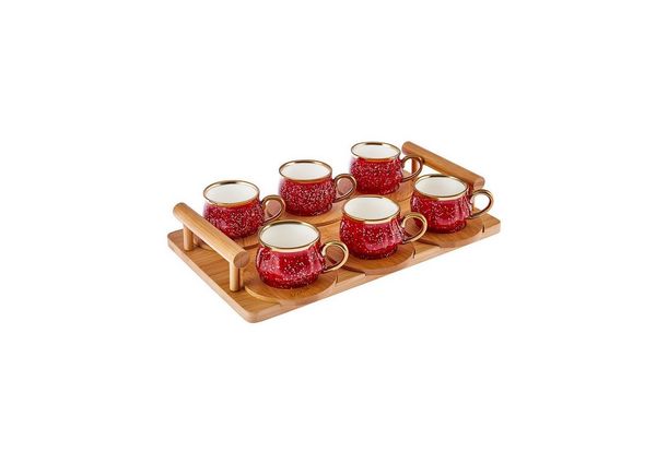 Karaca Kaffeeservice Bambus Tablett 6 Person Rot Kaffeetasse Set 90 ml