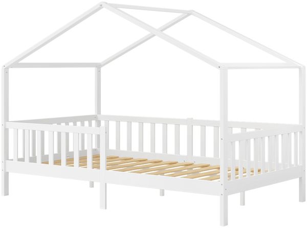 Bellabino 'Bia' Hausbett 120x200 cm mit Matratze, weiß, Kiefer Massivholz, Montessori Kinderbett mit Rausfallschutz und Lattenrost Bild 2