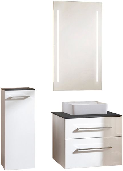 FACKELMANN OXFORD Badmöbel Set 5-teilig 60 cm breit, Weiß, Aufsatzwaschbecken Keramik Weiß + Waschtischplatte + LED Spiegel + Midischrank