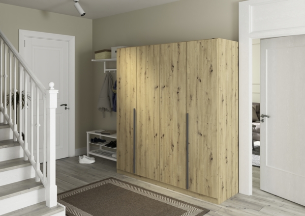 rauch Kleiderschrank Alba, Drehtürenschrank, Garderobenschrank, 4-türig, mit 3 Kleiderstangen, 4 Einlegeböden und Schubladeneinsatz, Farbe Eiche Artisan, Holz, Griffstange Grau metallic, Schwarz, 181x197x54cm