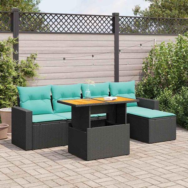 vidaXL 6-tlg. Garten-Sofagarnitur mit Kissen Schwarz Poly Rattan 3327025