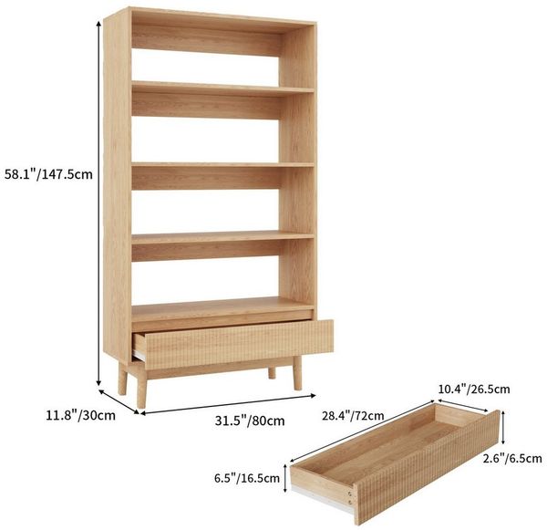 VOWNER Bücherregal 4-Ebenen Bücherregal mit Schublade, Offenes Standregal, 1-tlg, Modernes Holzregal, Vielseitiges Aufbewahrungsregal