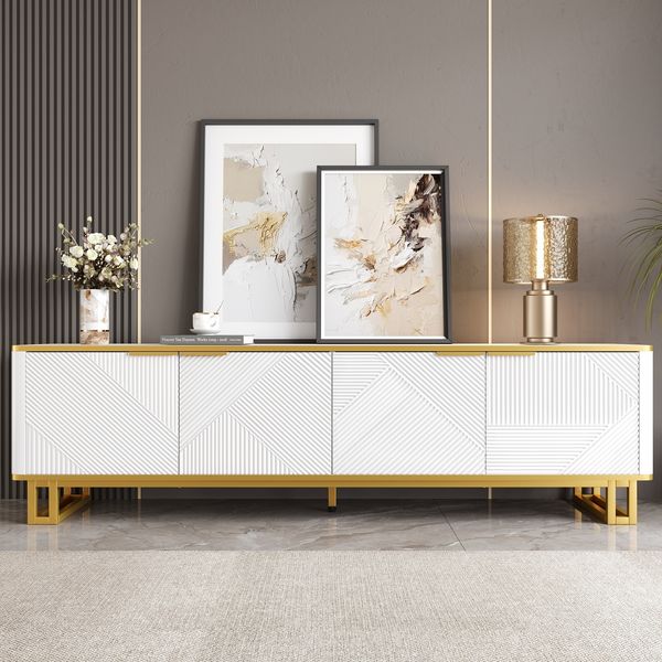 Merax 160cm TV-Schrank mit vier Türen, TV-Ständer, TV-Paneel, niedriger TV-Ständer, geometrische Textur, Weiß