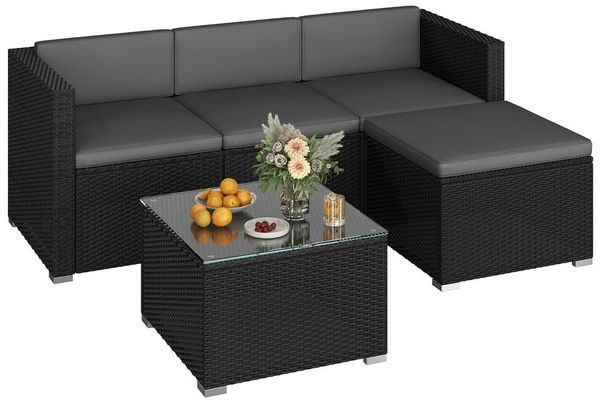 Yaheetech Gartenlounge-Set Balkonset 5er-Sofa-Set Patio-Set in Rattan-Optik, Gartengarnitur aus 2 Ecksofa & Sofa & Stuhl & Beistelltisch