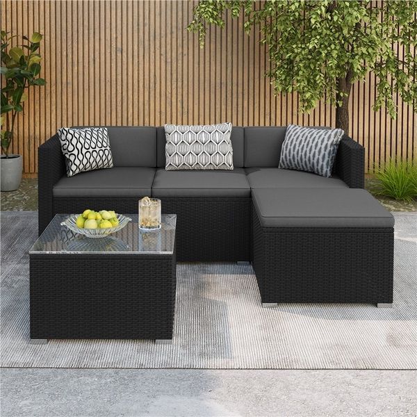 Yaheetech Gartenlounge-Set Balkonset 5er-Sofa-Set Patio-Set in Rattan-Optik, Gartengarnitur aus 2 Ecksofa & Sofa & Stuhl & Beistelltisch