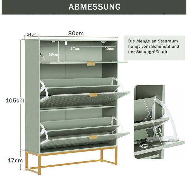 UEV Schuhschrank mit 3 Klappen schmal Schuhablage (Modern Schuhkommode im Flur Diele,80x24x122cm) Platzsparend, mit Kippschutz/Trennwand verstellbar Bild 4