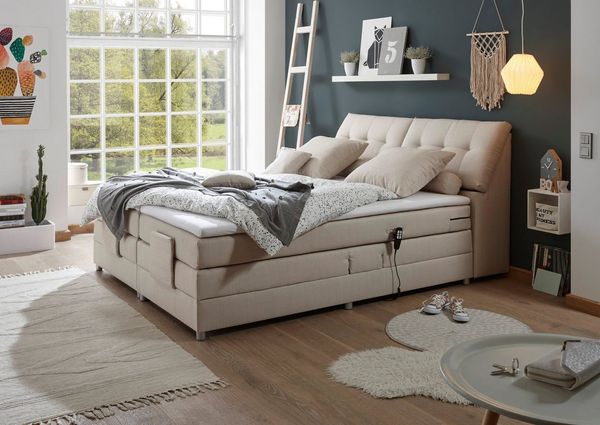 Concord 2 Boxspringbett 180x200 elektrisch verstellbar, Creme - Bequemes Doppelbett mit dekorativer Steppung & Komfortschaum Topper - 180 x 110 x 234 cm (B/H/T)