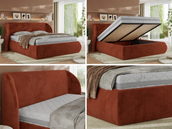 Polsterbett mit Lattenrost, Doppelbett Bettkasten, Bettgestell mit Gasdruckfeder Foam Matratze - CAELA CLASSIC - 140 x 200 cm - Orange Plüsch - MIRO LUX Bild 2