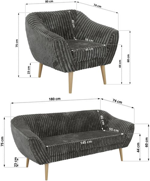 Wohnzimmerset, Möbelset PIRS 3-3-1, Armlehnen, Wellenfederung, Buche Füße, Dreisitzer Sofas mit Sessel, Polstermöbel Set - Grau Cord Bild 5