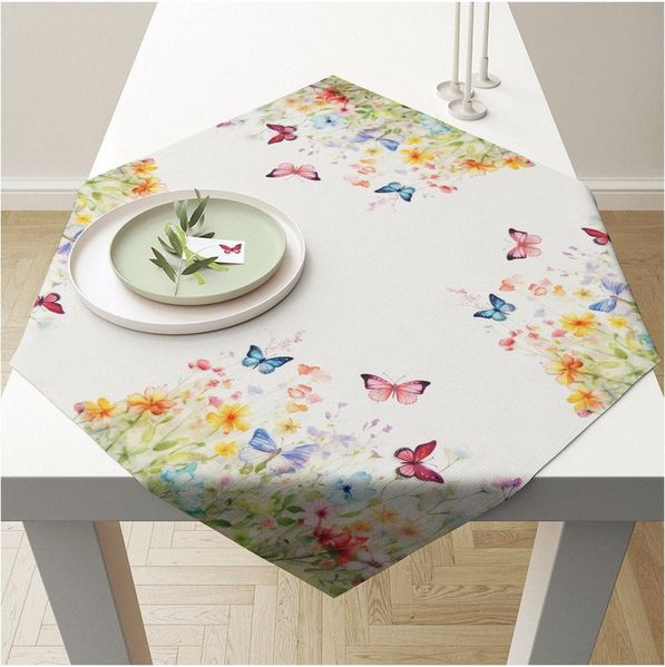 Ambiente® Tischläufer Butterflies in field (1-tlg, 1-teilig), quadratische Tischdecke Mitteldecke ca. 90x90cm Baumwolle