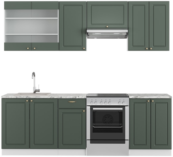 Küchenzeile Fame-Line Grün-Gold Landhaus/Weiß 240 cm , AP Marmor Vicco