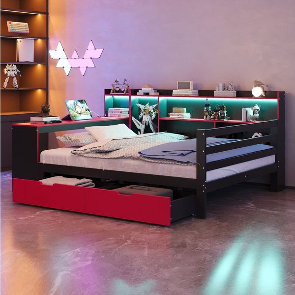 Flieks Daybett, Holzbett 140x200 cm mit Schreibtisch Staufach Schubladen LED & Aufladen