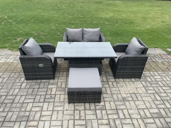 Fimous Polyrattan Gartenmöbel im Freien Set Höhenverstellbarer aufsteigender Esstisch mit Liebe Sofa Stuhl Großer Fußhocker