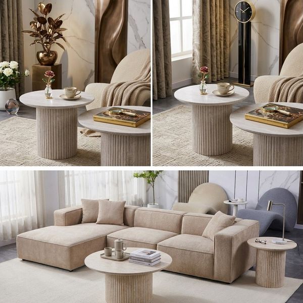 HOOZ Couchtisch Wohnzimmertisch rund 2er Set Trommel Gestell Traventin Optik 80 & 60cm (Set, 2-St, 2× Satztisch), Sofatisch mit geriffeltem Gestell – stabil & pflegeleicht