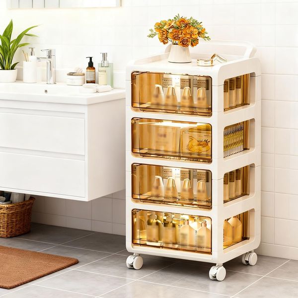 GarveeLife Kunststoff-Schubladenbox mit Rollen & Ergonomischem Griff, 48L Schubladen 4-Stufiger, Aufbewahrungsschrank Rollcontainer für Schlafzimmer, Schule, Büro, 33 x 38 x 91 cm